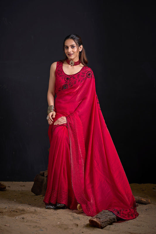 Rani Pink Embroidered Silk Saree with Designer Blouse
