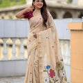 Beige Linen Silk Saree with Floral Print Woven Border