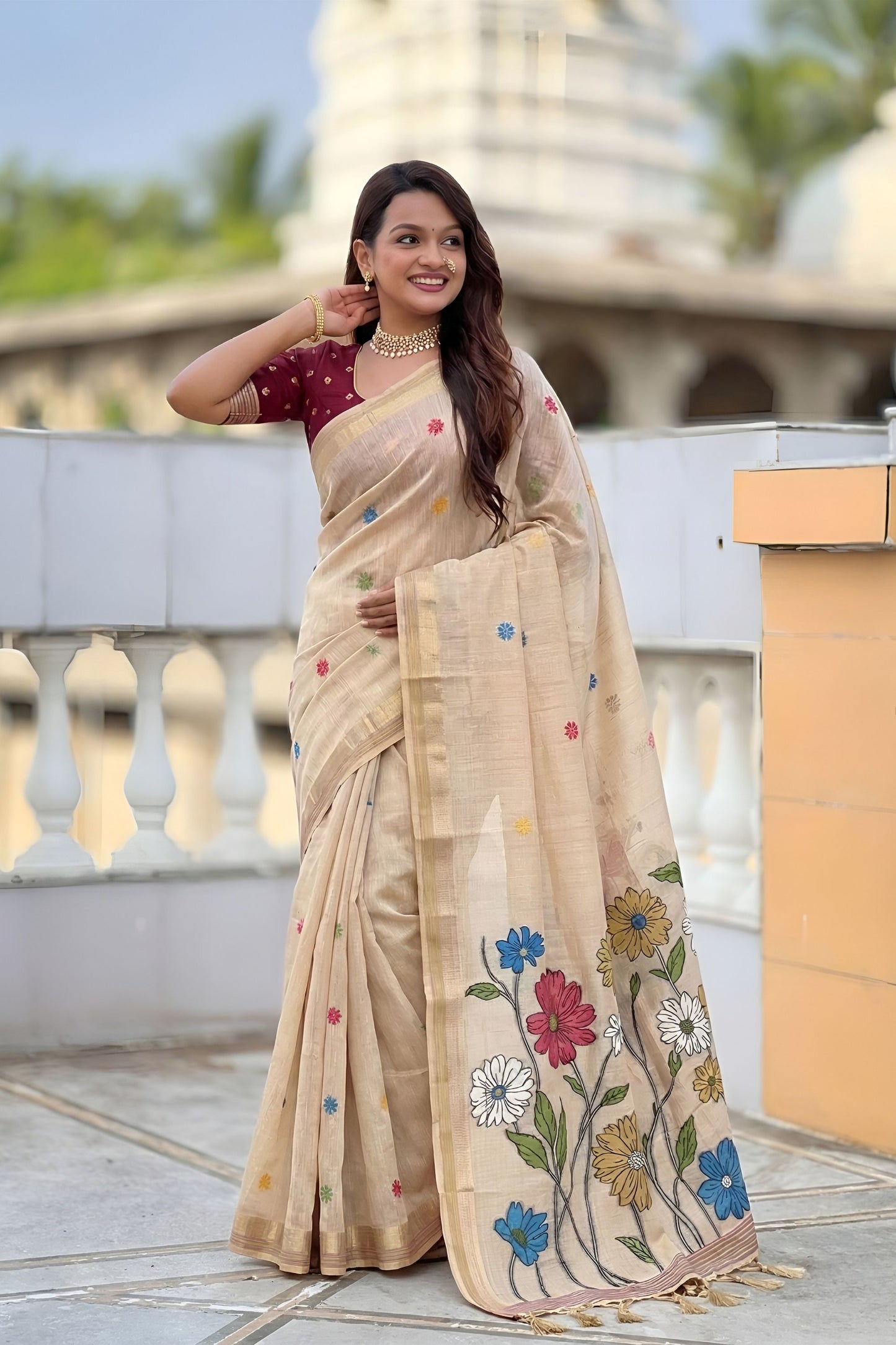 Beige Linen Silk Saree with Floral Print Woven Border