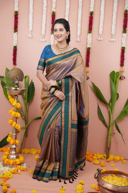 Mauve Silk Saree with Green Woven Border Traditional Design