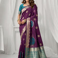 Royal Purple Banarasi Silk Saree Gold Zari Butti Teal Woven Border
