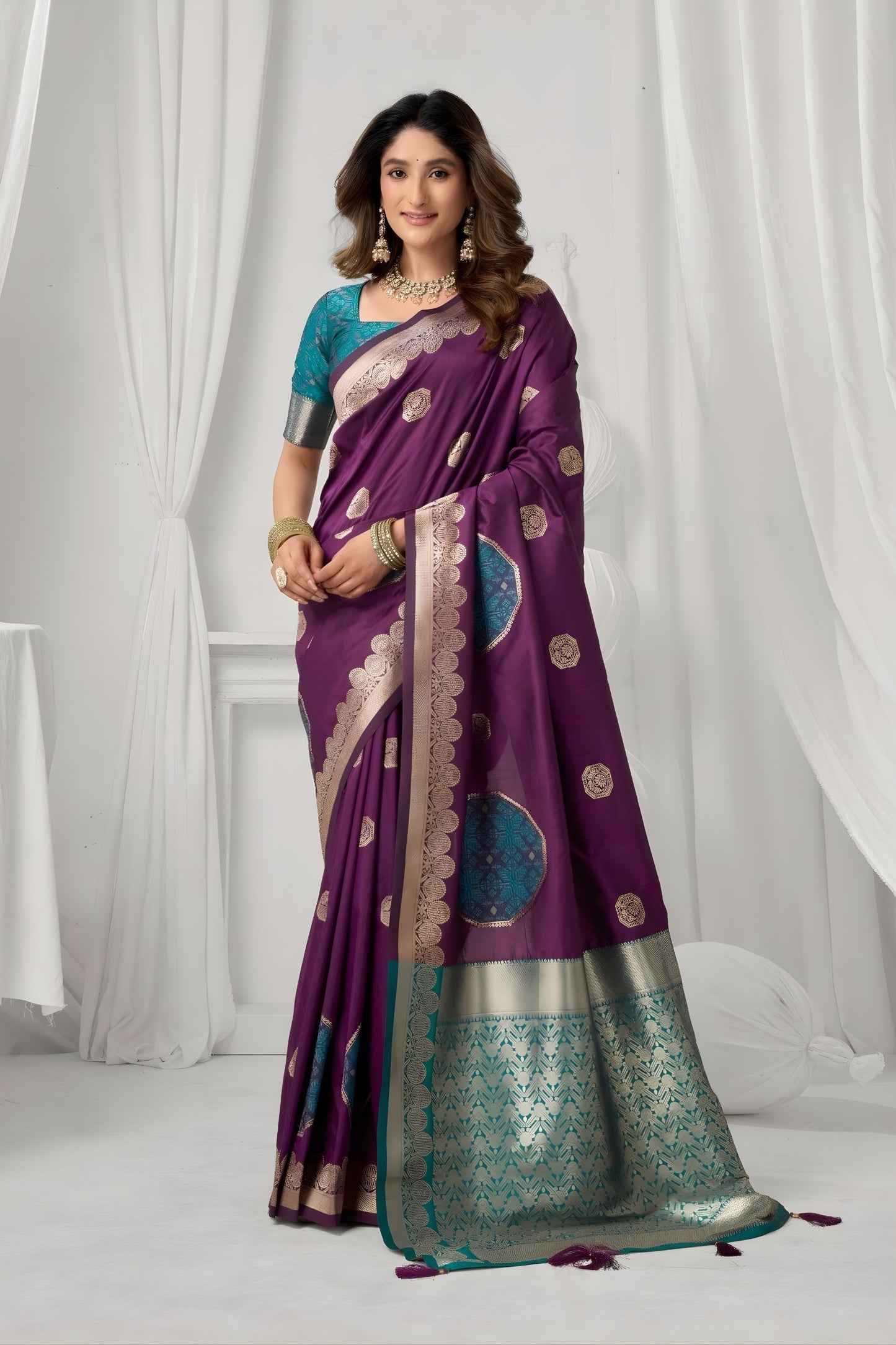 Royal Purple Banarasi Silk Saree Gold Zari Butti Teal Woven Border