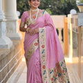 Pink Floral Woven Linen Silk Saree with Designer Border