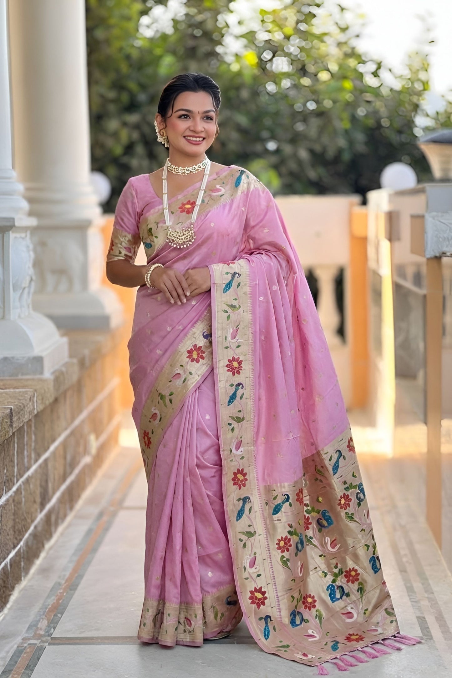 Pink Floral Woven Linen Silk Saree with Designer Border