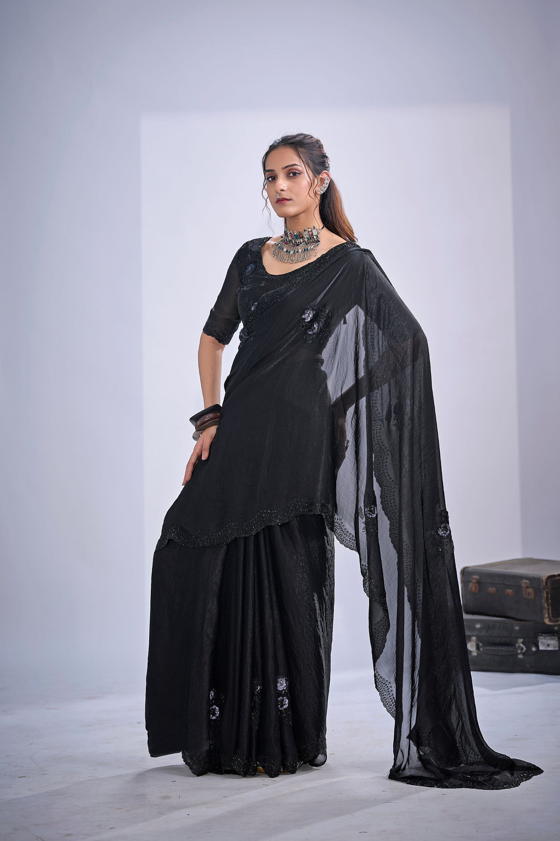 Black Organza Saree with Floral Embroidery Designer Party Wear Saree