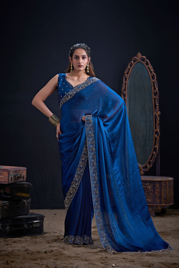 Royal Blue Silk Saree with Antique Gold Zari Border Party Wear Saree