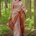  Rose Gold Banarasi Silk Saree Rich Zari Weaving Contrast Pink Border 
