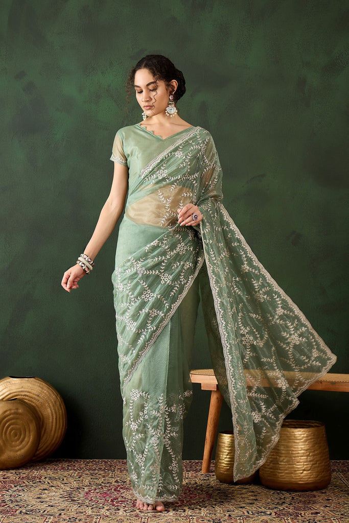 Mint Green Net Embroidered Saree Designer Saree