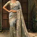 Silver Grey Embroidered Silk Saree with Zari Floral Work Wedding Wear
