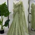 Olive Green Organza Silk Saree Sequin Embroidered Designer Blouse