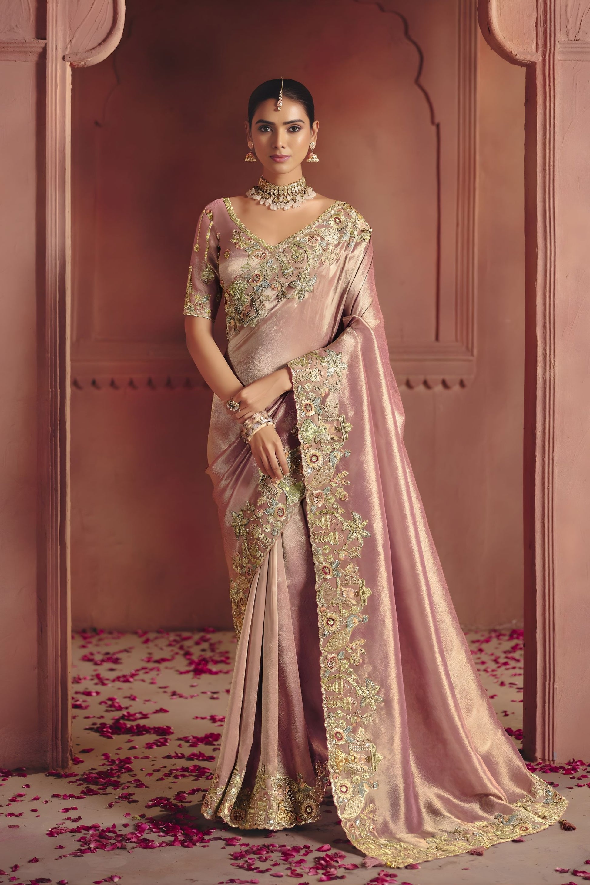 Blush Pink Silk Bridal Saree with Heavy Zari Embroidery Designer Blouse