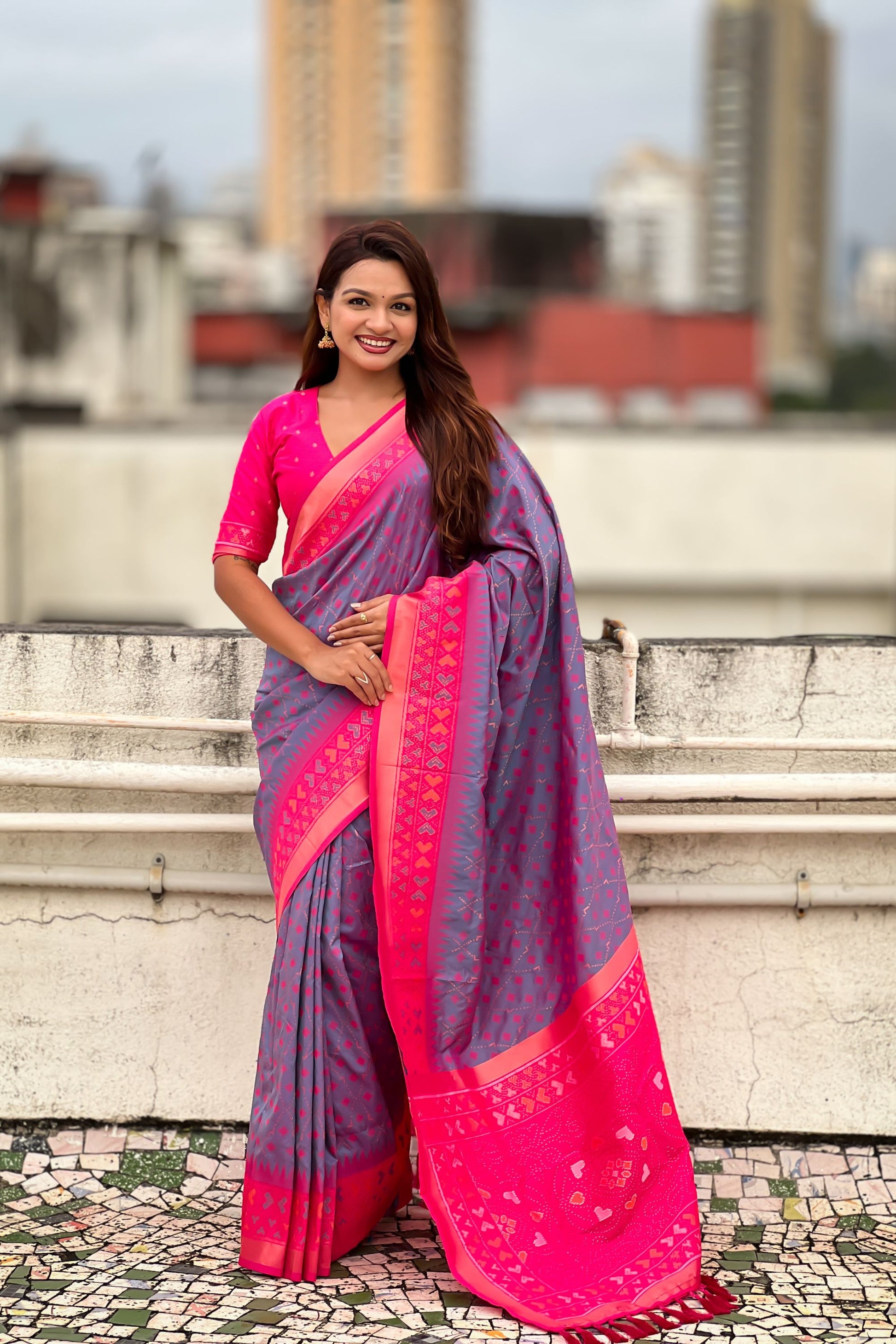 Grey Rani Pink Printed Saree with Designer Border Party Wear Saree 