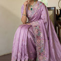 Lavender Embroidered Satin Silk Saree with Floral Designer Border