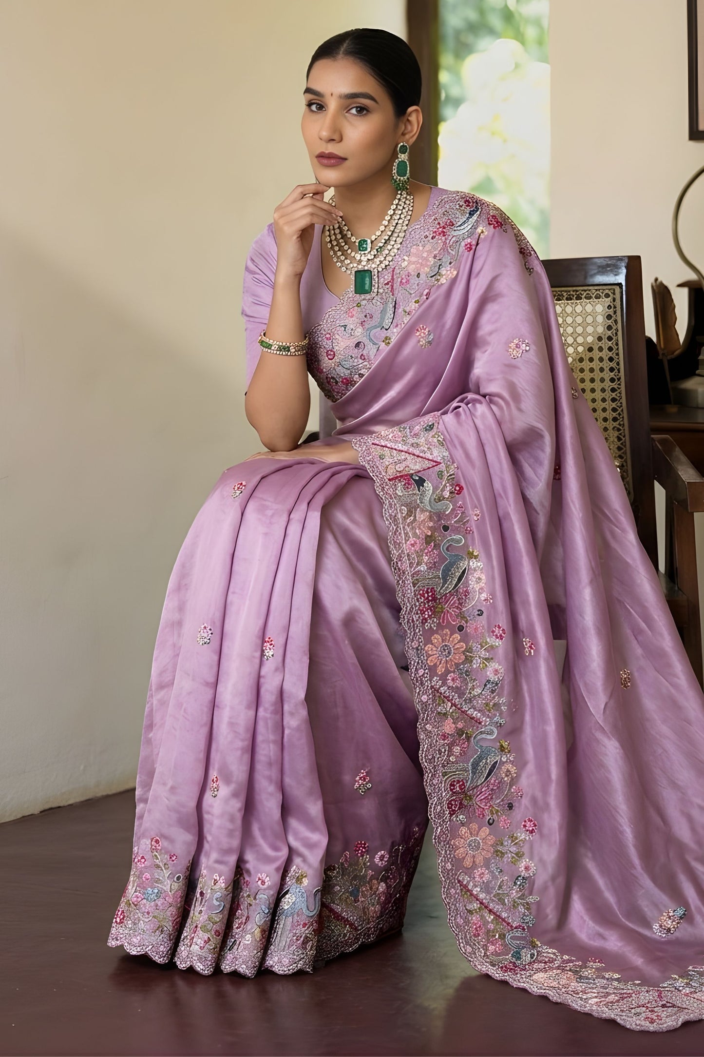Lavender Embroidered Satin Silk Saree with Floral Designer Border