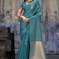 Premium Teal Blue Banarasi Silk Saree Zari Woven Border Designer Blouse 