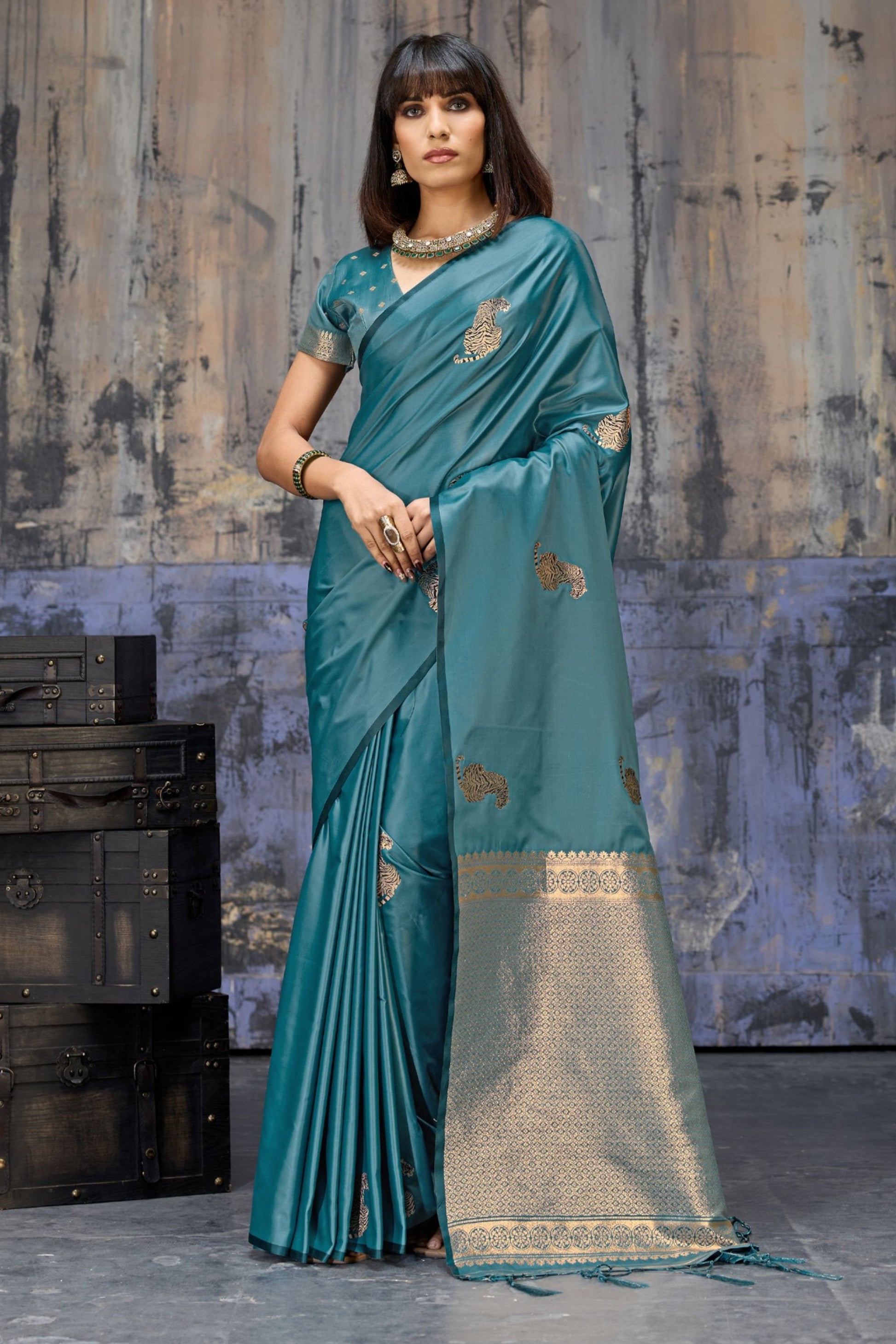 Premium Teal Blue Banarasi Silk Saree Zari Woven Border Designer Blouse 