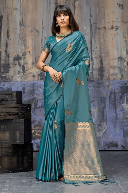 Premium Teal Blue Banarasi Silk Saree Zari Woven Border Designer Blouse 