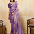 Purple Silk Blend Saree with Golden Zari Embroidery Designer Blouse 