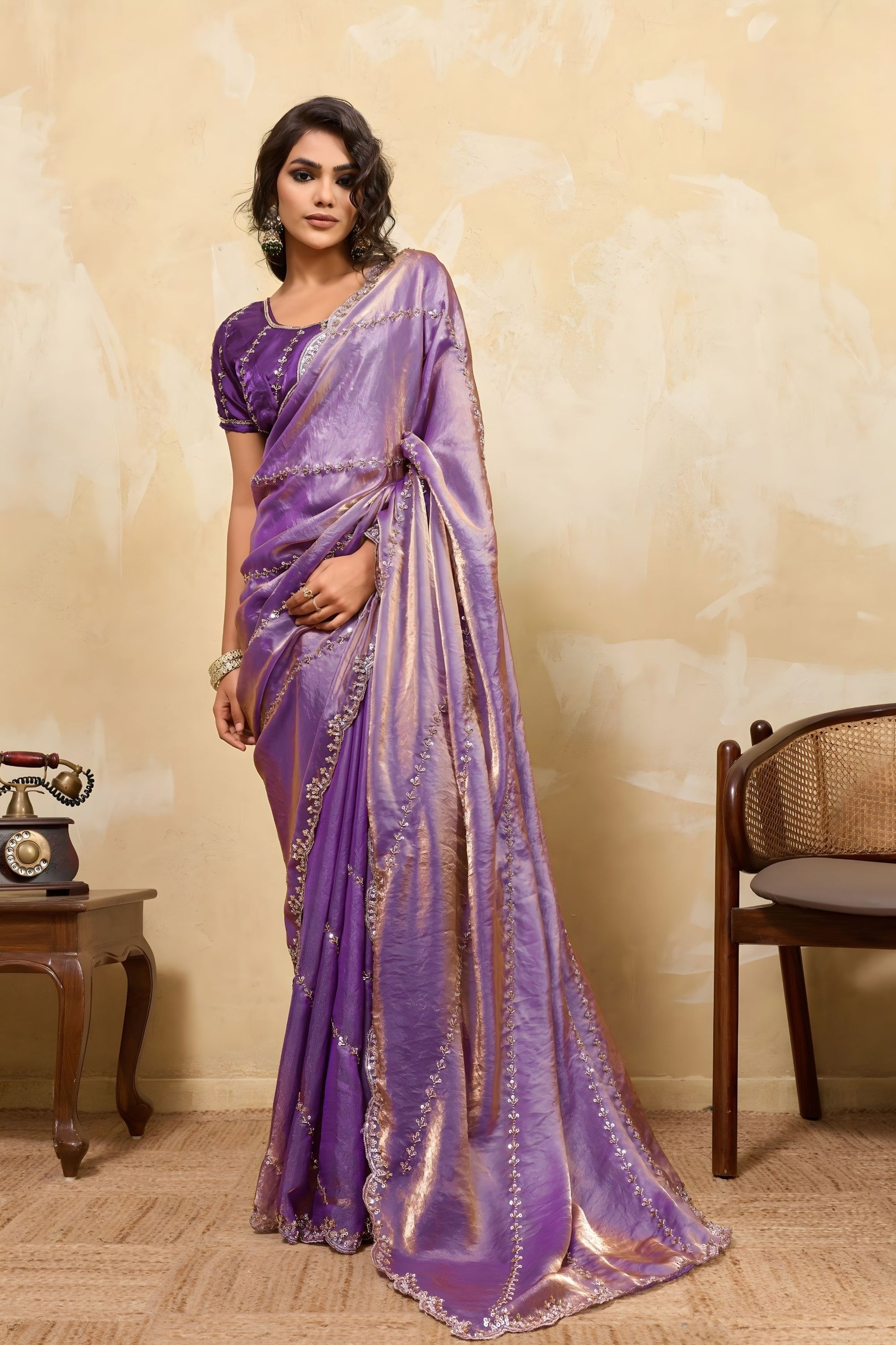 Purple Silk Blend Saree with Golden Zari Embroidery Designer Blouse 