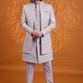 Glorious Light Grey Indo Western Sherwani Heavy Embroidery With Designer Jacket