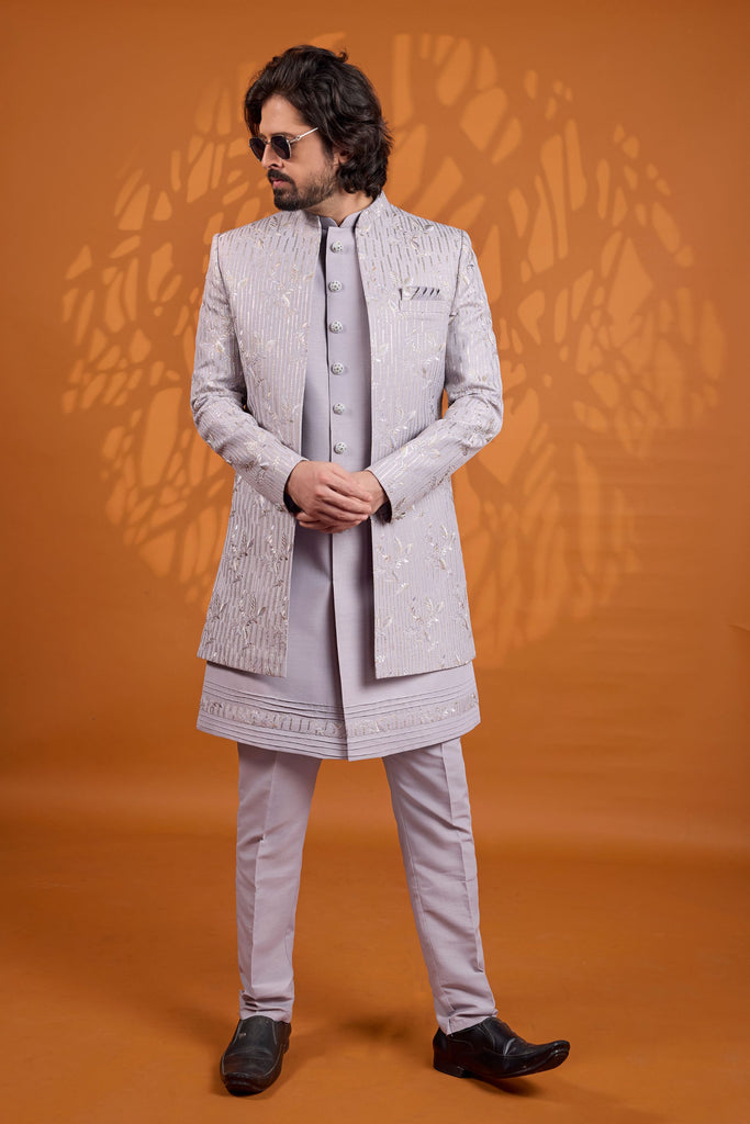 Glorious Light Grey Indo Western Sherwani Heavy Embroidery With Designer Jacket
