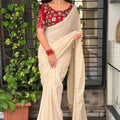 Off White Georgette Saree Golden Butti Designer Red Embroidered Blouse