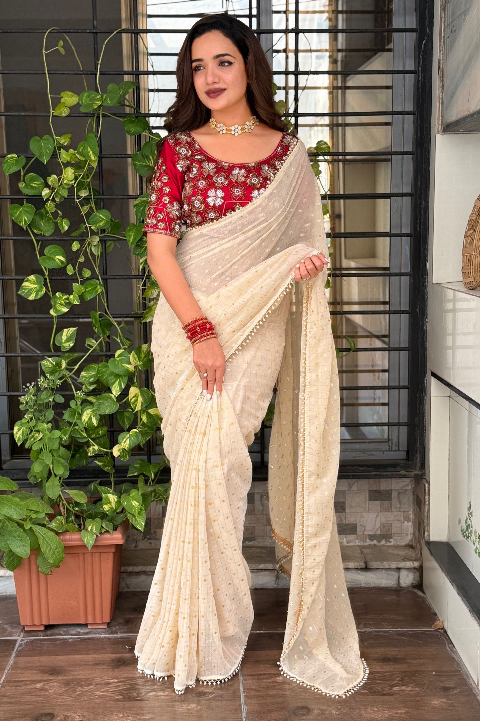 Off White Georgette Saree Golden Butti Designer Red Embroidered Blouse