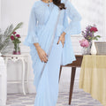Sky Blue Ready-to-Wear Saree Designer Pleated Pallu Embellished Blouse