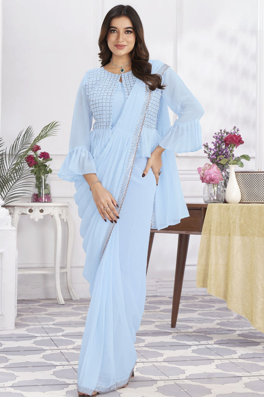 Sky Blue Ready-to-Wear Saree Designer Pleated Pallu Embellished Blouse