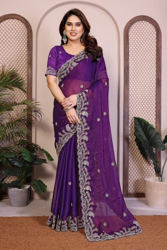 Purple Embroidered Saree with Designer Lace Border and Blouse