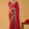 Royal Red Floral Embroidered Organza Silk Saree Heavy Sequins Border