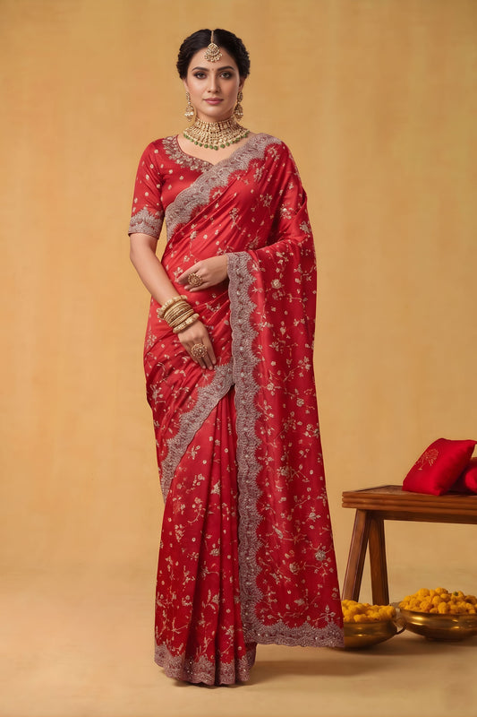 Royal Red Floral Embroidered Organza Silk Saree Heavy Sequins Border