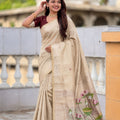  Beige Linen Silk Saree with Hand Painted Lotus Pallu Designer Blouse 