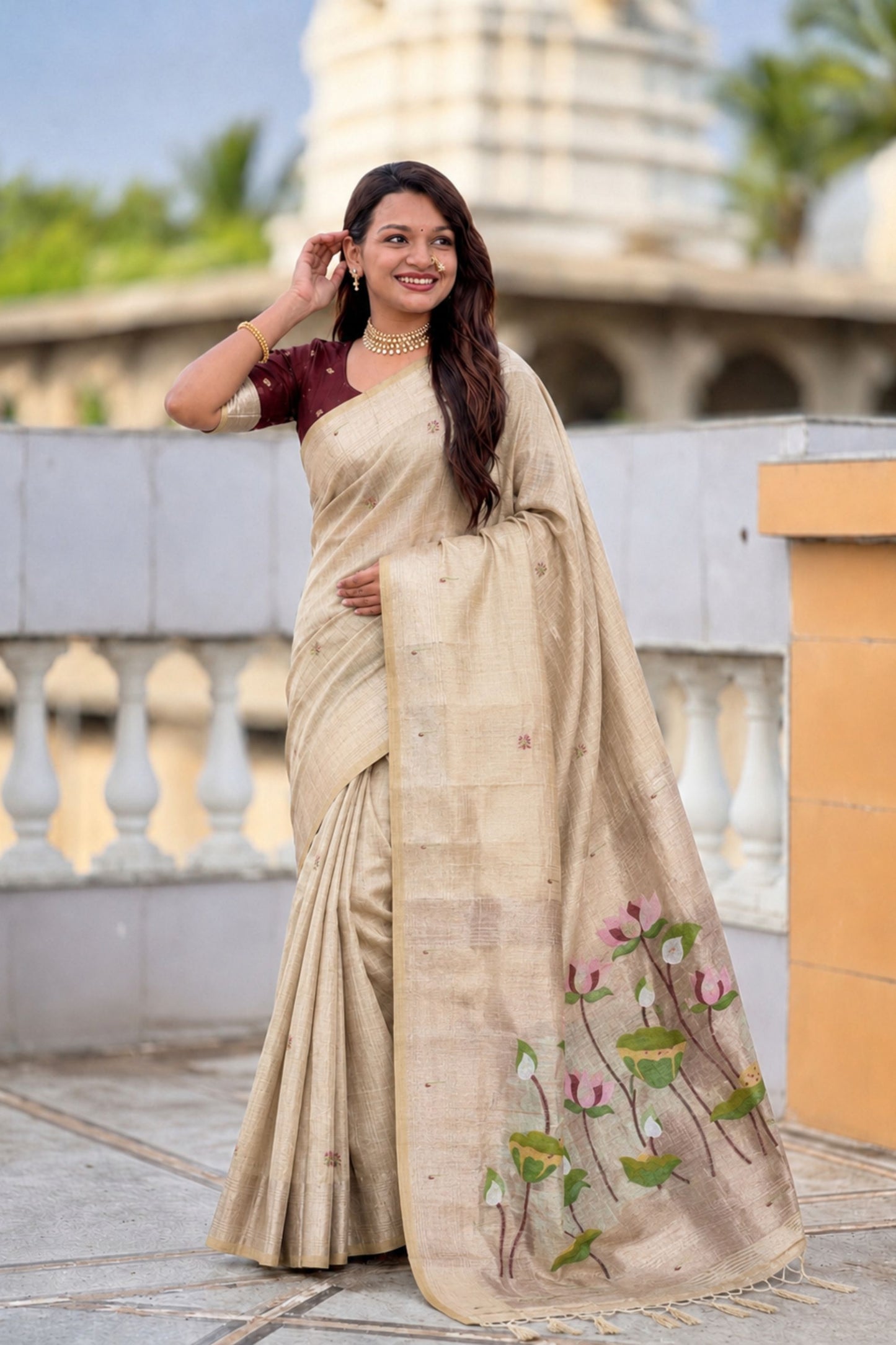  Beige Linen Silk Saree with Hand Painted Lotus Pallu Designer Blouse 
