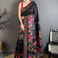 Premium Black Satin Silk Saree Multicolor Floral Print Designer Border