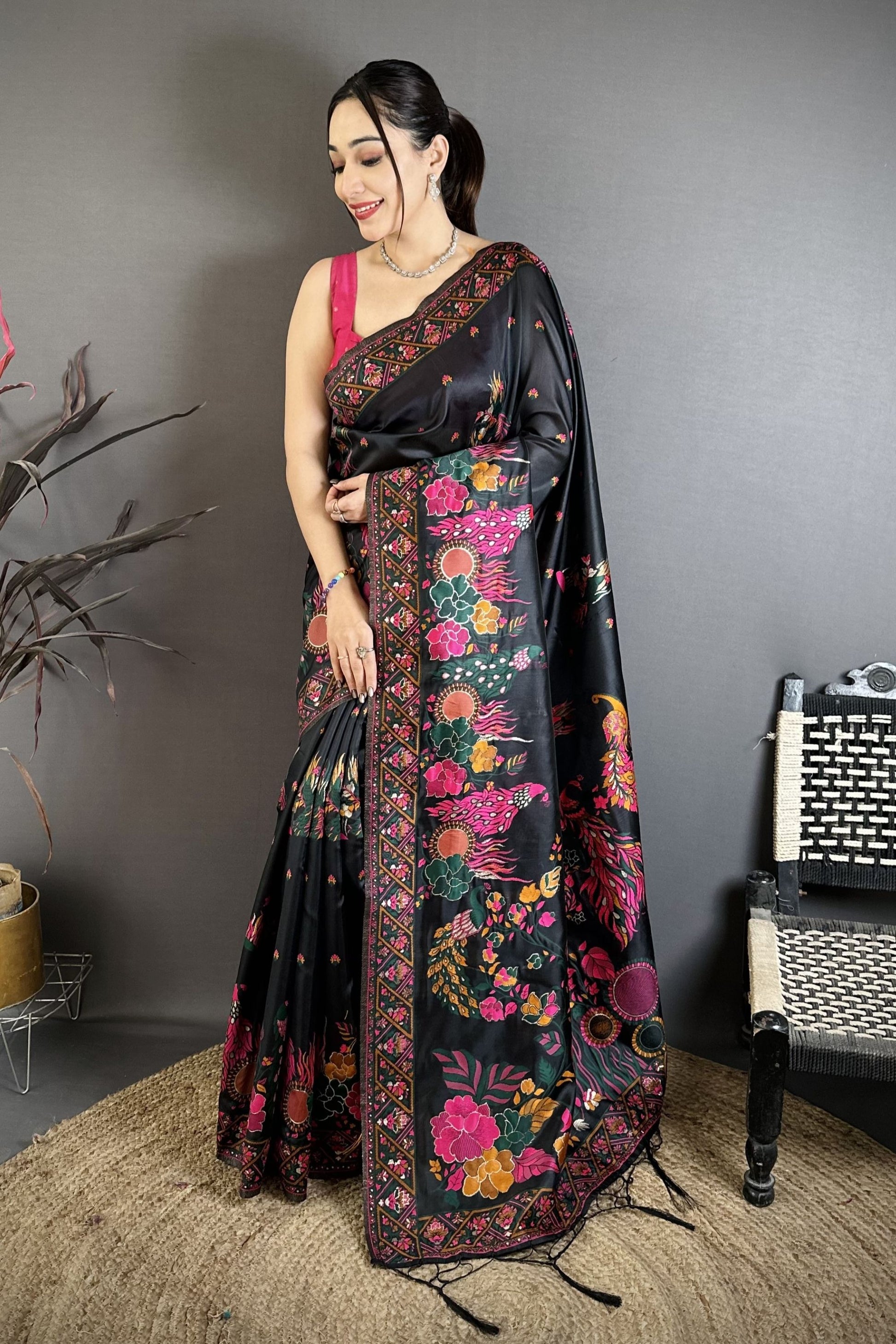 Premium Black Satin Silk Saree Multicolor Floral Print Designer Border