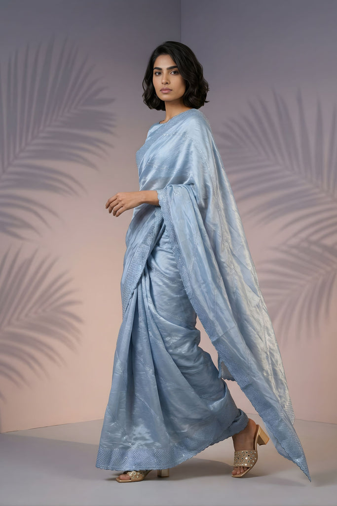  Sky Blue Silk Saree with Embroidered Border Designer Blouse 
