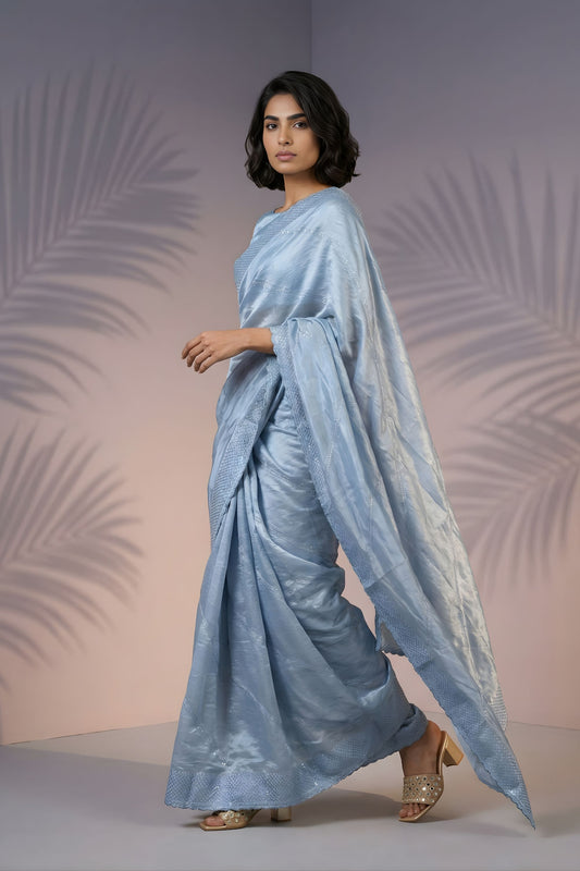  Sky Blue Silk Saree with Embroidered Border Designer Blouse 