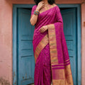 Magenta Silk Saree with Golden Zari Border Traditional Buti Design