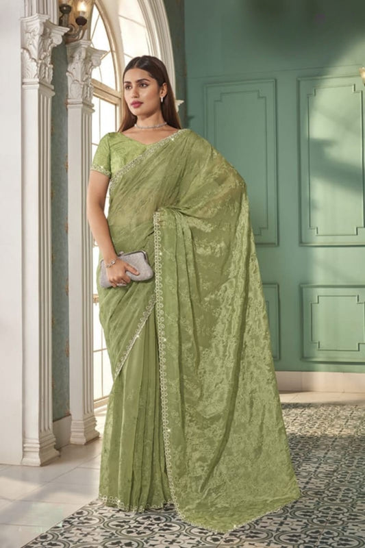 Elegant Light Green Designer Saree with Blouse Piece Party Wear Wedding Saree