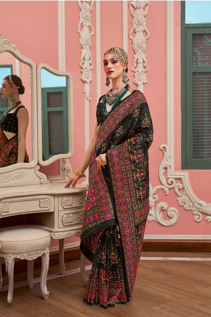 Black Gujarati Patola Silk Saree with Multicolor Traditional Designer Blouse