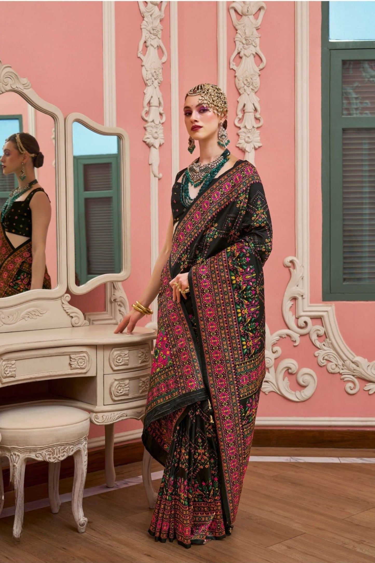 Black Gujarati Patola Silk Saree with Multicolor Traditional Designer Blouse