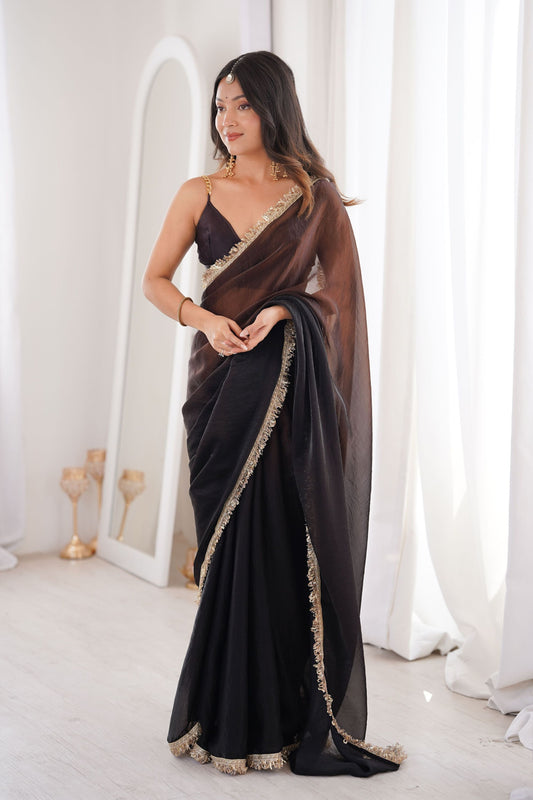 Black Organza Silk Saree with Designer Golden Lace Border
