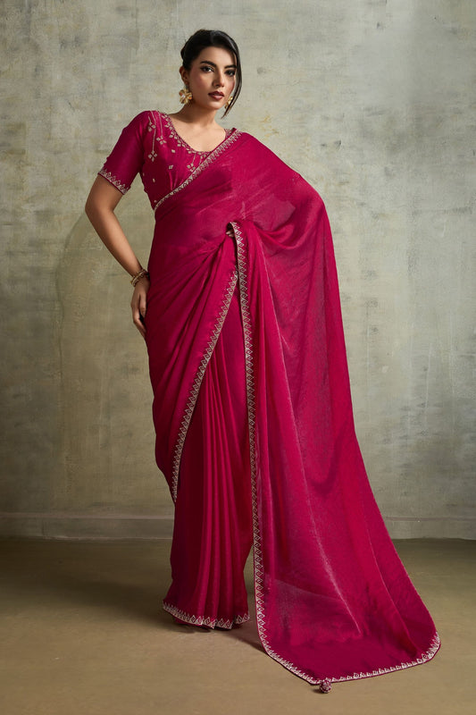 Rani Pink Chiffon Saree with Zari Border Designer Party Wear Saree