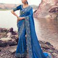 Royal Blue Designer Embroidered Saree with Heavy Border Matching Blouse