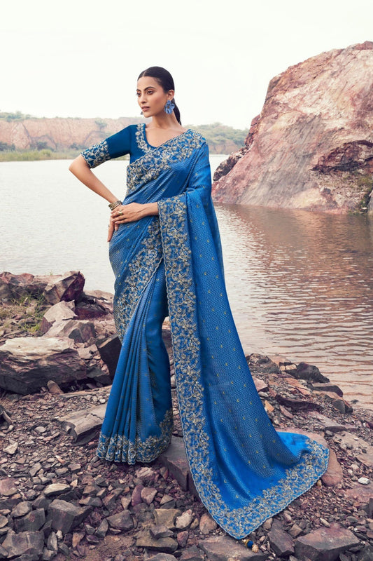 Royal Blue Designer Embroidered Saree with Heavy Border Matching Blouse