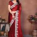 Red Satin Silk Saree with Heavy Floral Embroidered Border Designer Blouse 