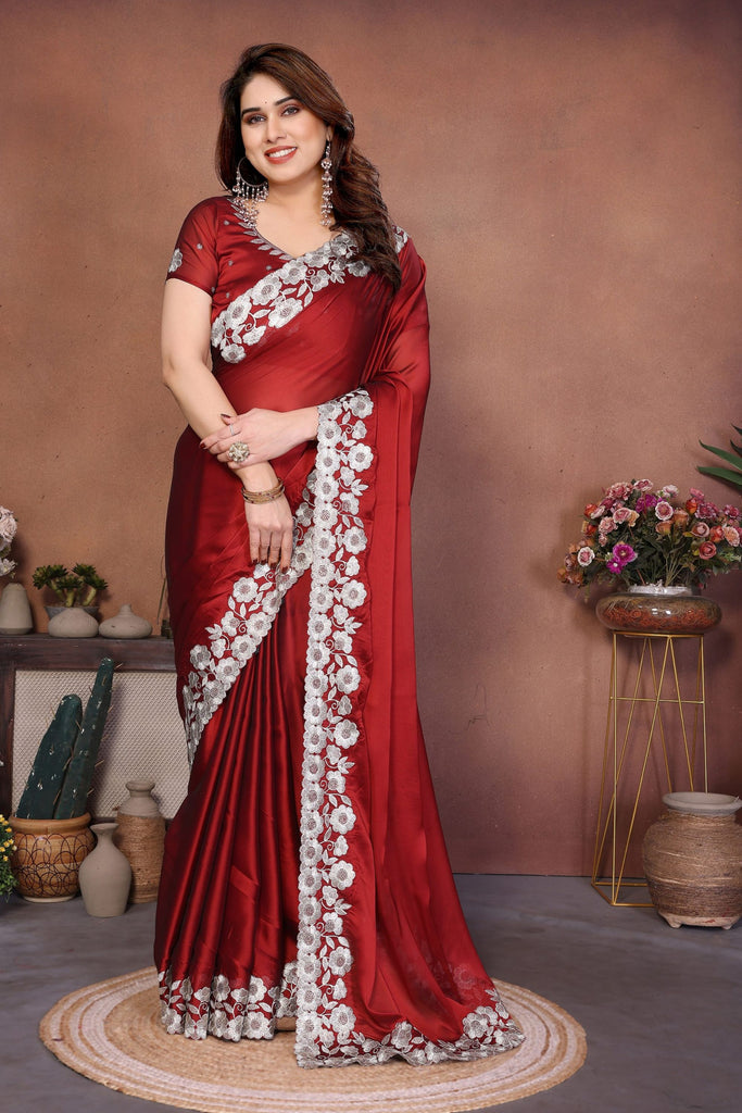 Red Satin Silk Saree with Heavy Floral Embroidered Border Designer Blouse 