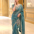Premium Teal Blue Organza Silk Saree Embroidered Floral Border 
