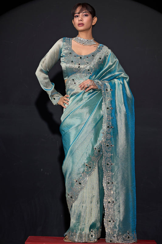 Sea Green Shimmer Silk Saree with Heavy Stone Zari Embroidered Border